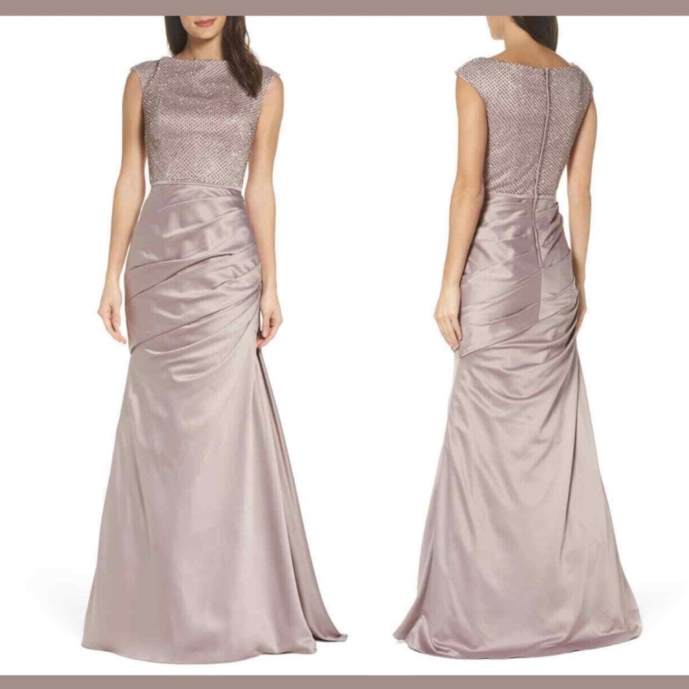 NEW‎ La Femme Beaded Top Ruched Crepe Satin Gown [SZ 14 ]